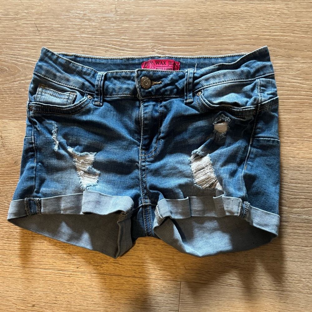 Wax Jean Rolled Hem Distressed Denim Shorts - Blue